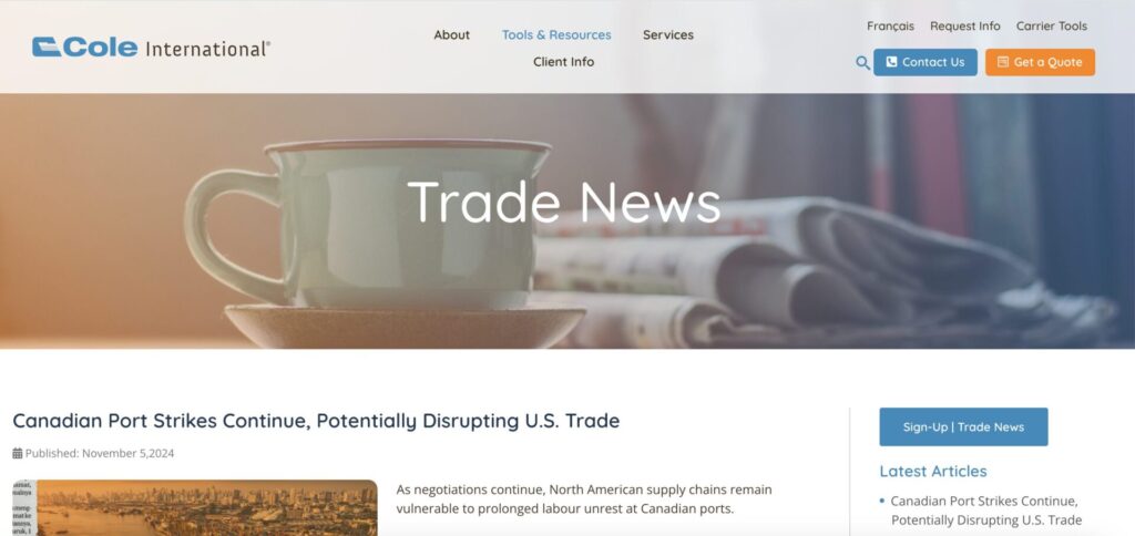 Image of Cole International’s trade updates page